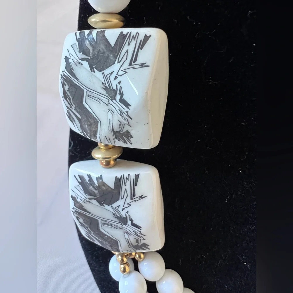 Vintage Japan 3-Strand White Bead and Hand-Painted Ceramic tiles Necklace Signed